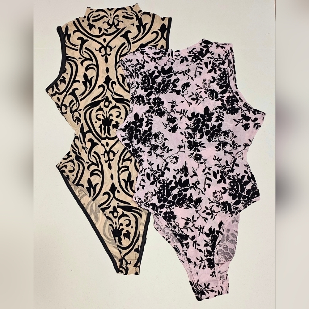 2 Pcs Floral Semi Sheer Mesh/Velvet Burnout Romantic Goth Sleeveless Bodysuit L - Picture 3 of 8